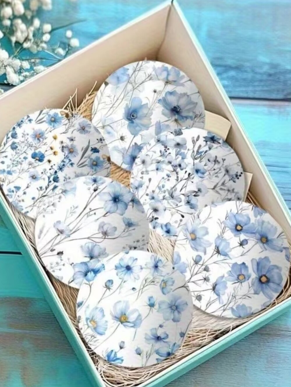 6 Piece Blue Spring Floral Wooden Coaster's Set. 4" W